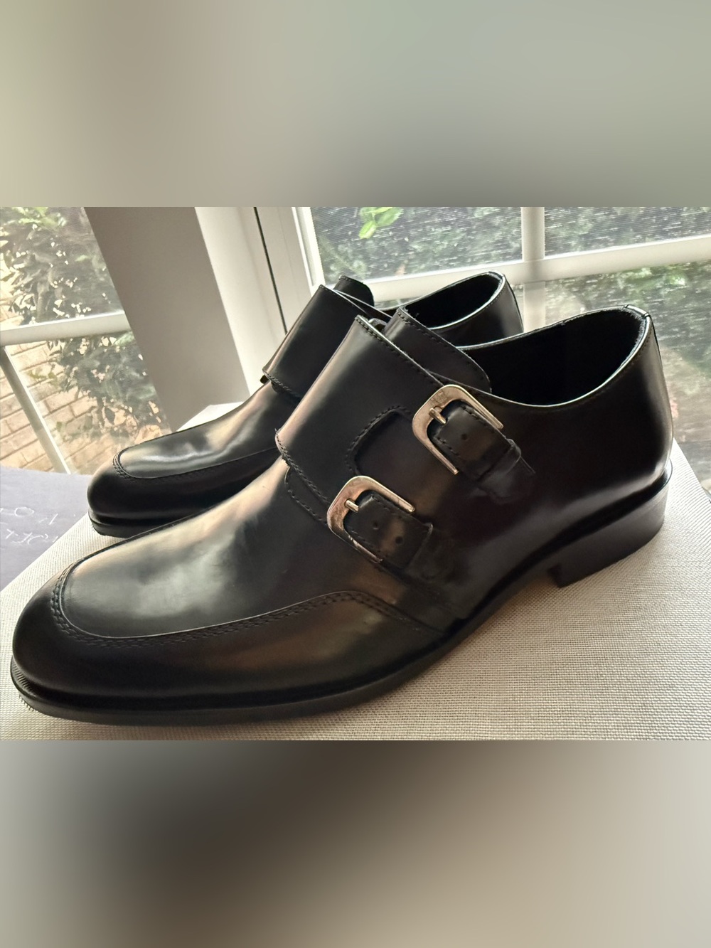 Bugatchi Castel Black Leather Double Monk Strap Shoes - Size 8